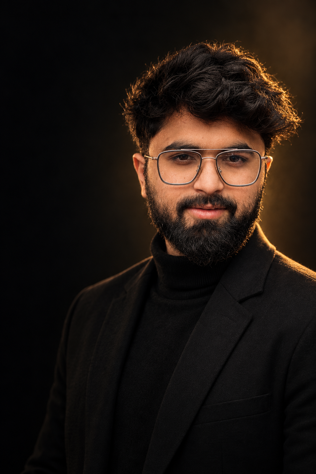 Mohammad Shahzeb Iqbal in dark suit and glasses with warm golden rim lighting